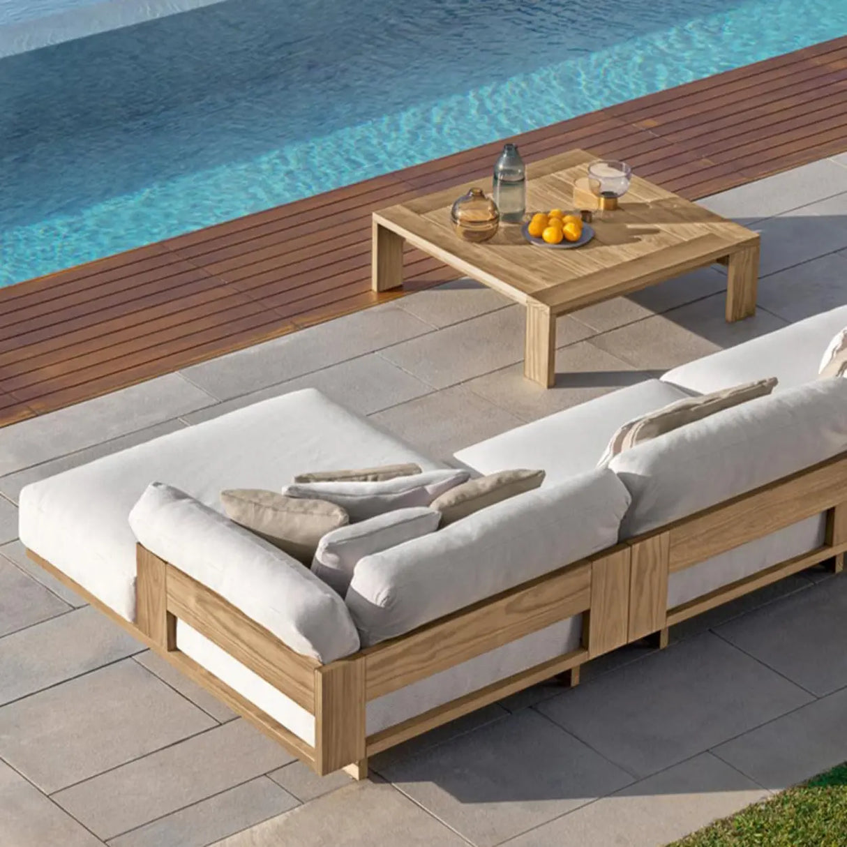 Fade Resistant Teak L-Shaped White Cushions Patio Sofa Set Image - 8