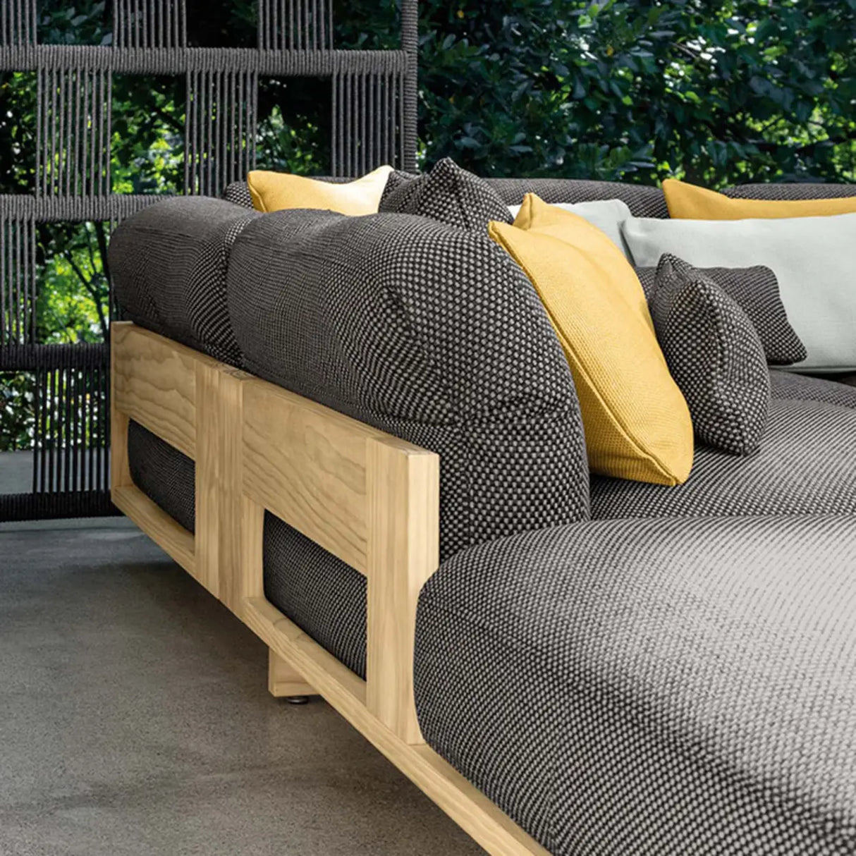 Fade Resistant Teak L-Shaped White Cushions Patio Sofa Set Image - 9