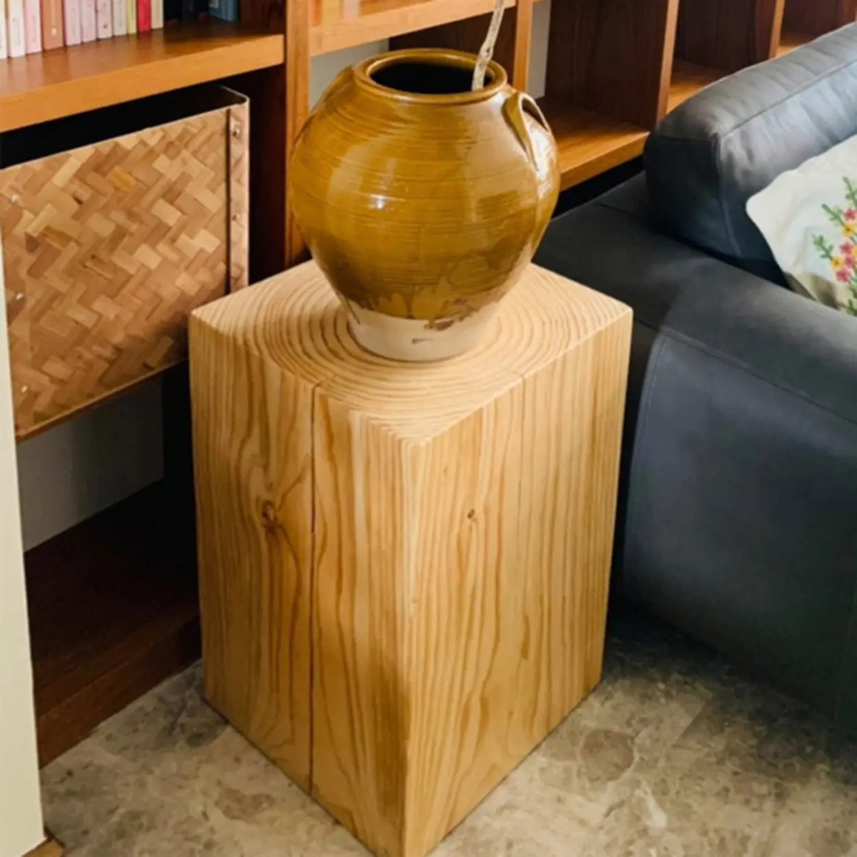 Farmhouse Rustic Wood Block Square Side Table Image - 2