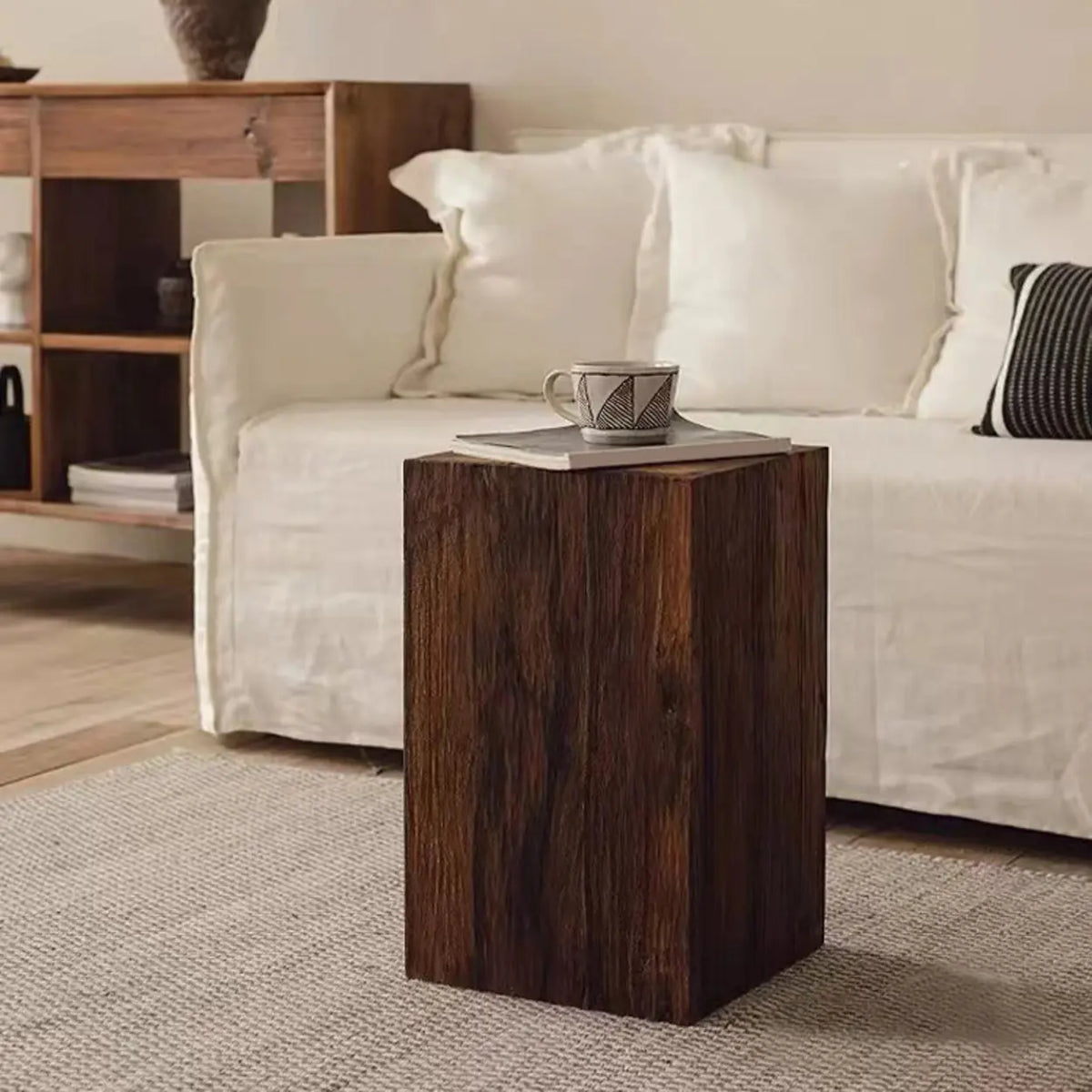 Farmhouse Rustic Wood Block Square Side Table Image - 3