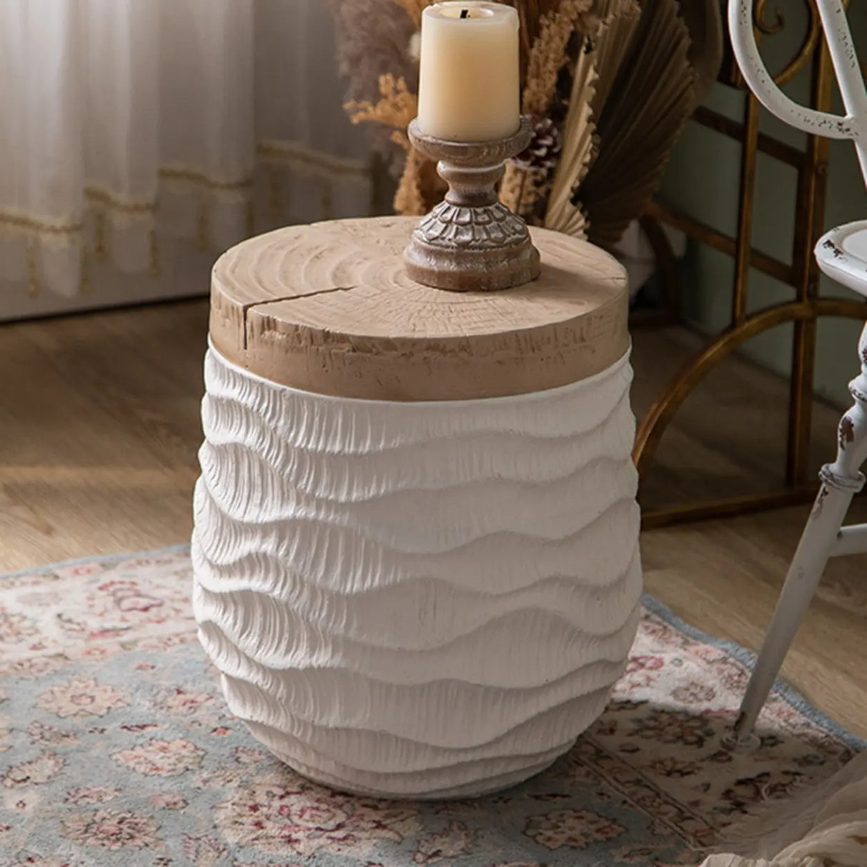 Farmhouse Rustic Wood Round Textured Drum Side Table Image - 1
