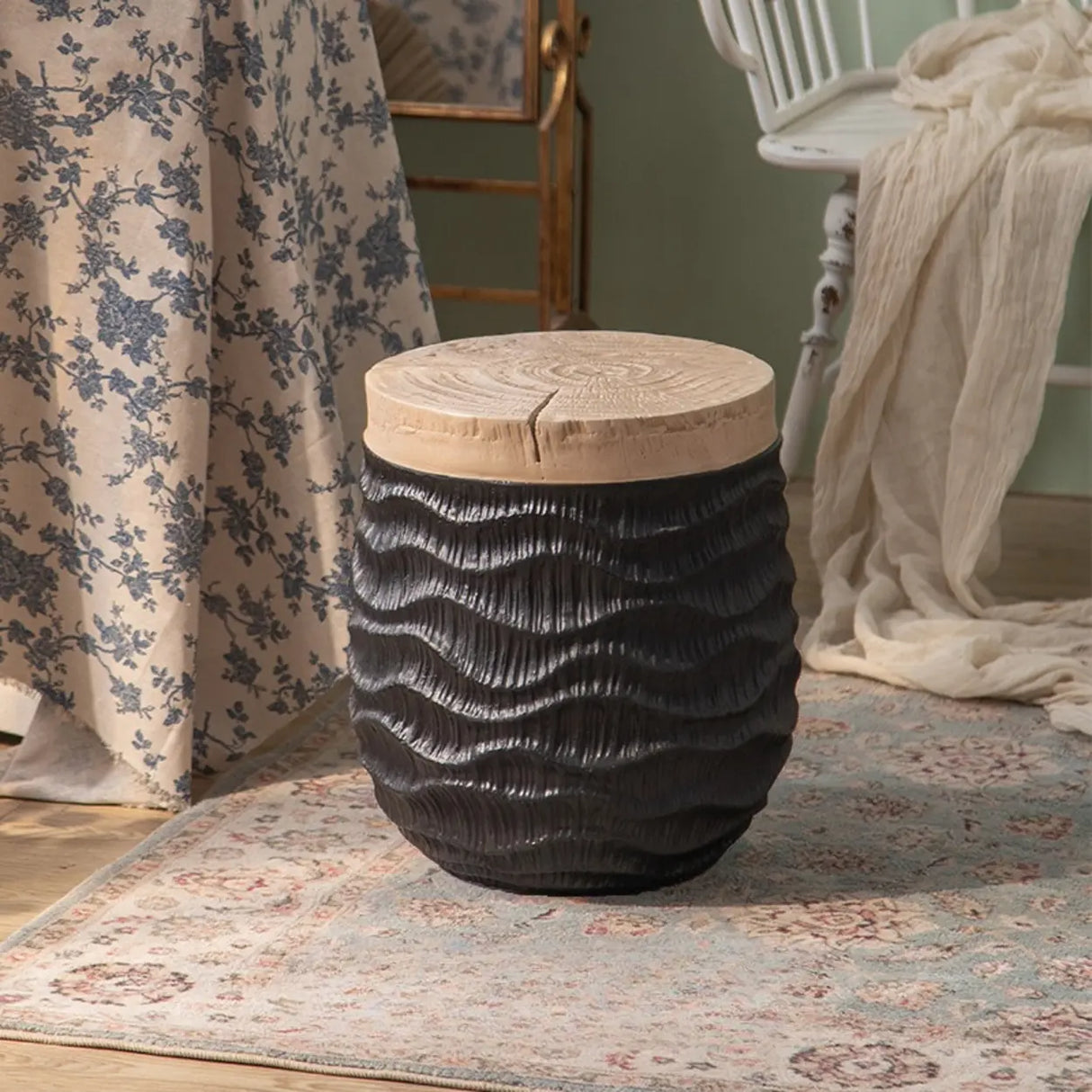 Farmhouse Rustic Wood Round Textured Drum Side Table Image - 2