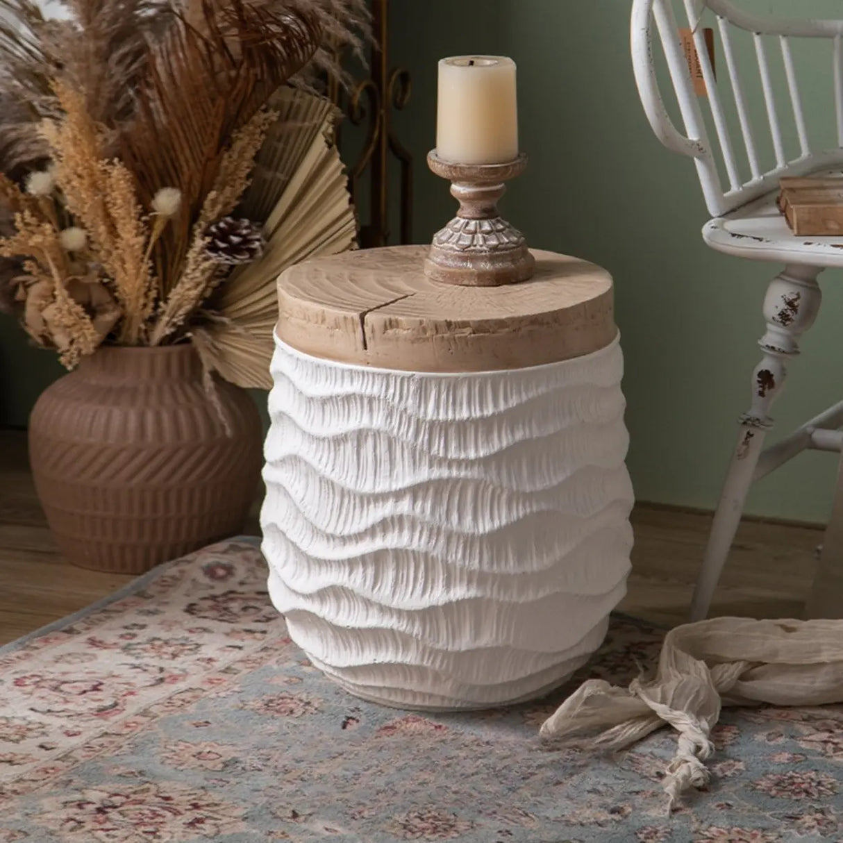 Farmhouse Rustic Wood Round Textured Drum Side Table Image - 3