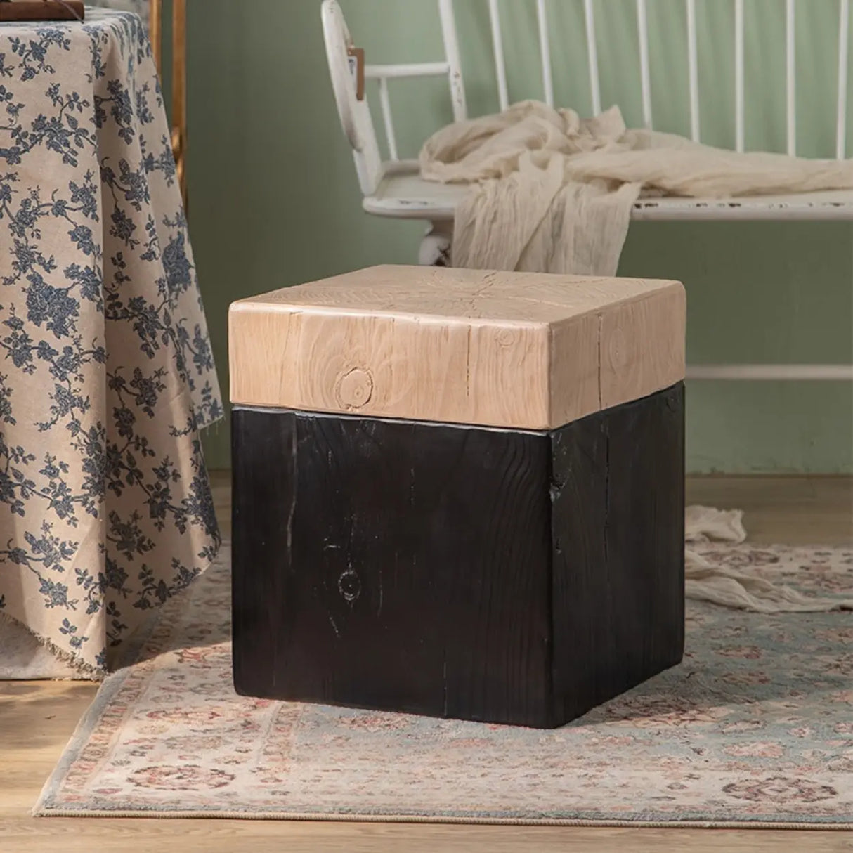 Farmhouse Rustic Wood Round Textured Drum Side Table Image - 5