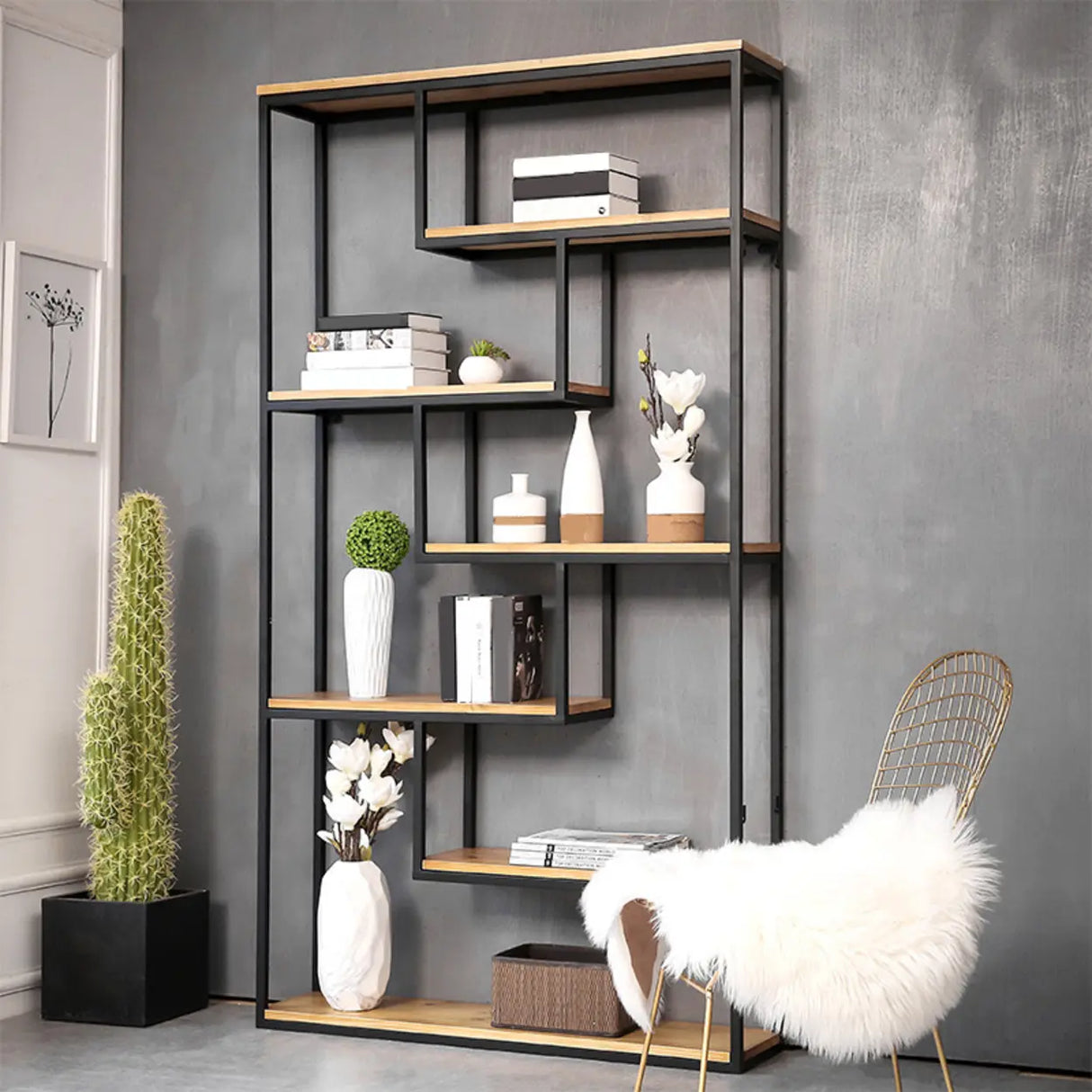 Fashion Black Iron Rack Vertical Display Bookshelf Image - 2
