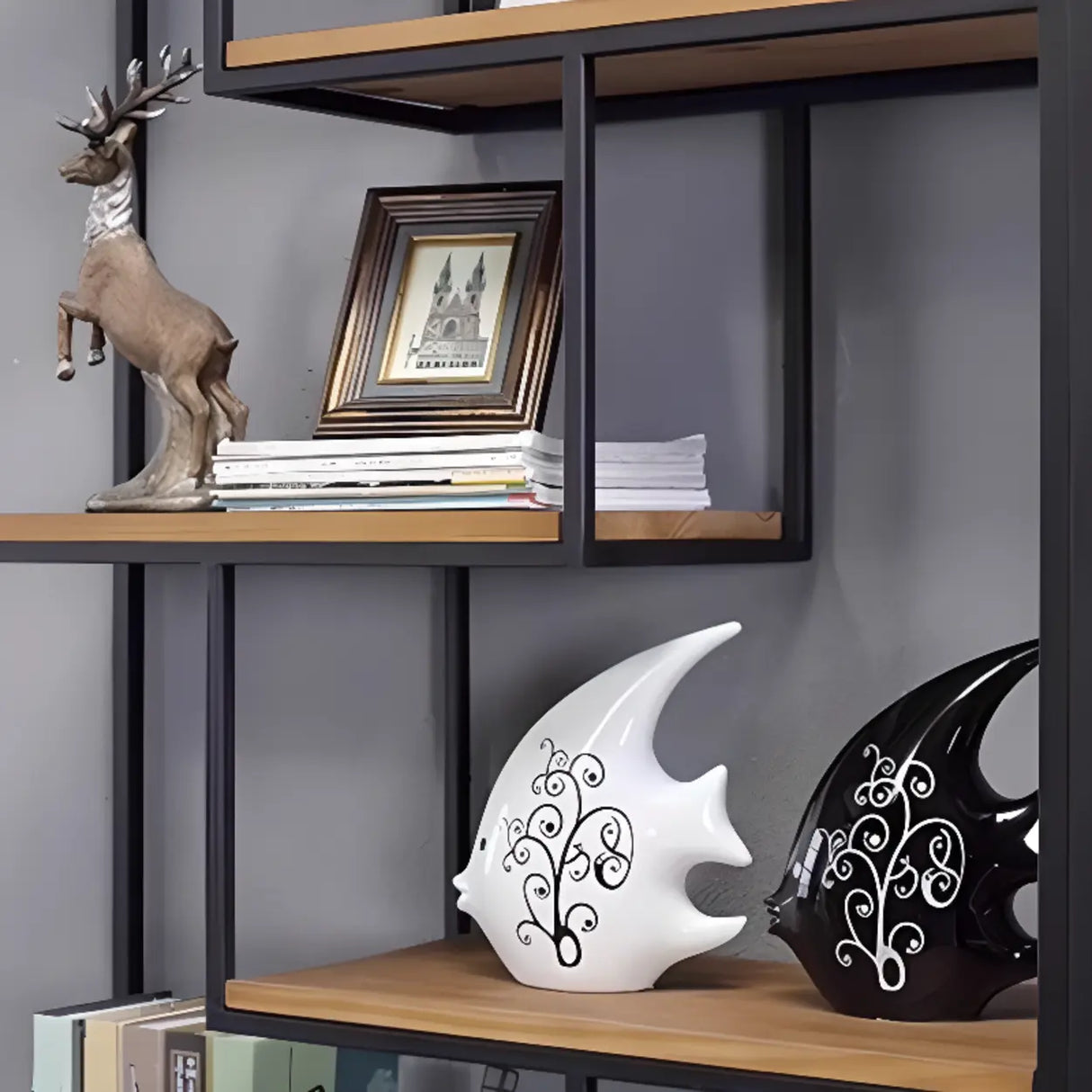 Fashion Black Iron Rack Vertical Display Bookshelf Image - 7