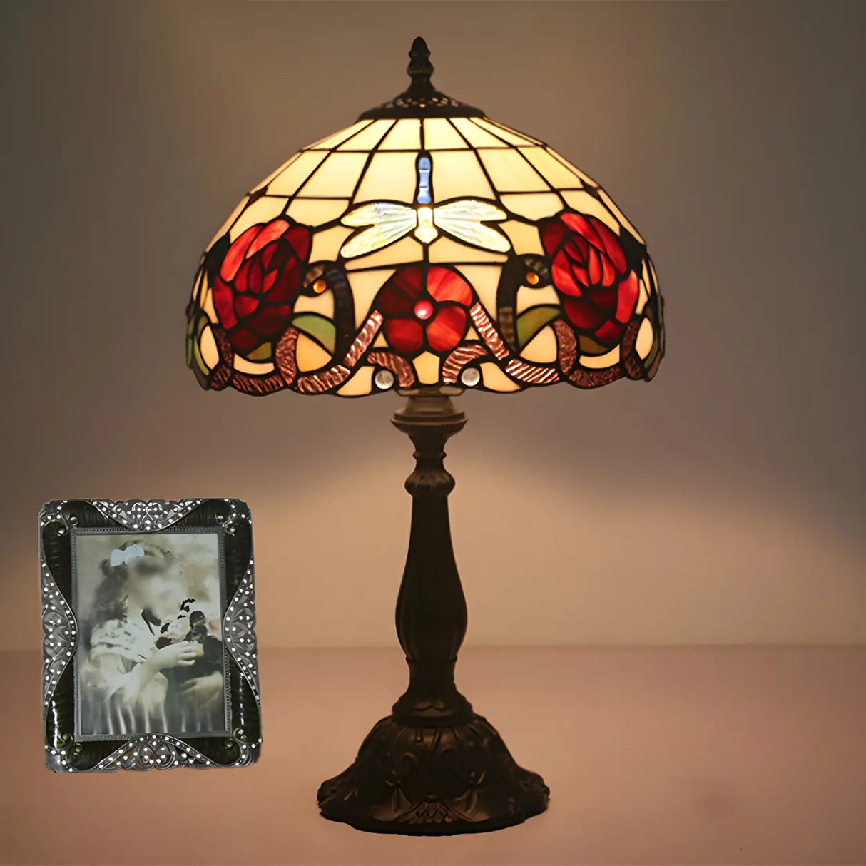 Fashion Tiffany Glass Shade Dragonfly Decor Table Lamp Image - 1