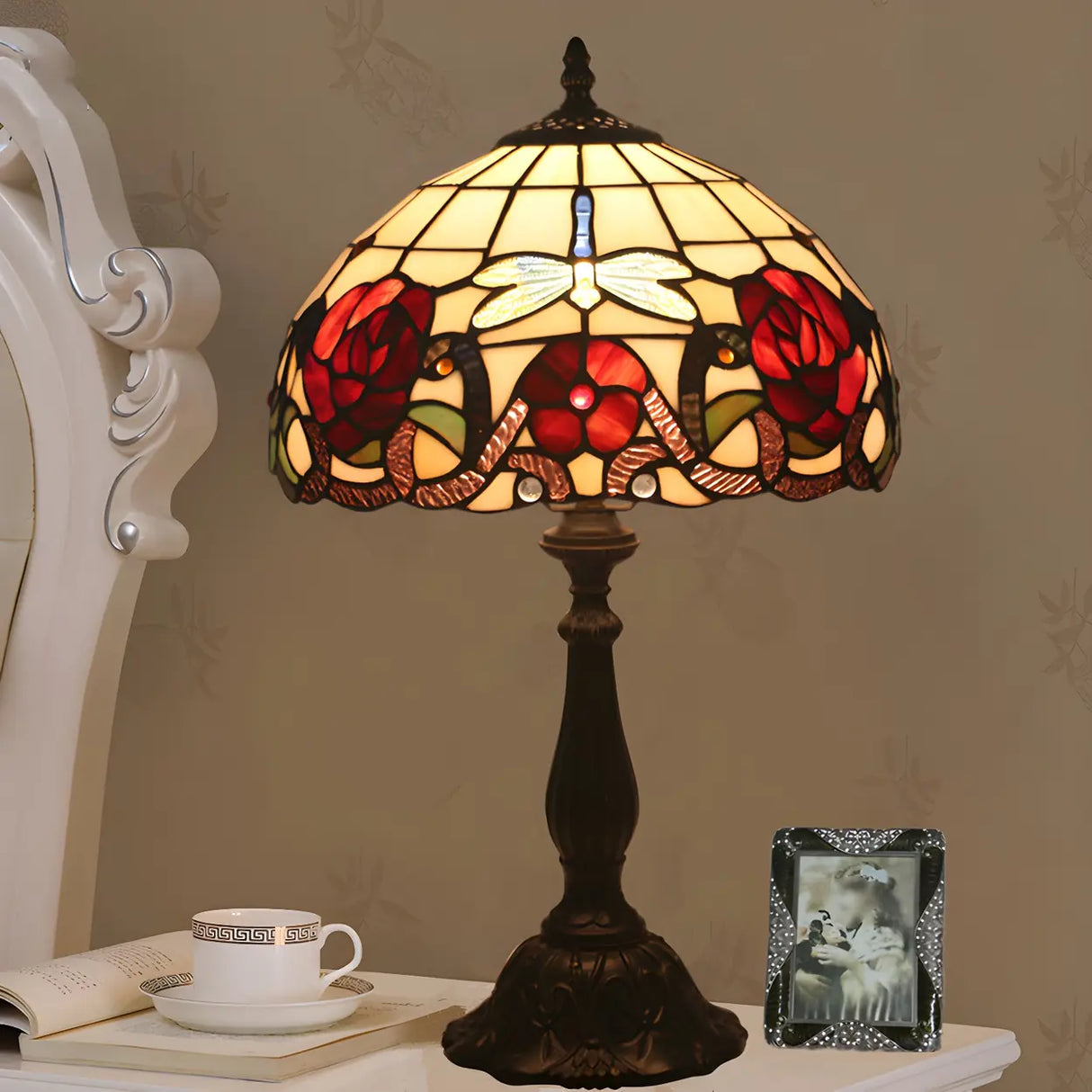 Fashion Tiffany Glass Shade Dragonfly Decor Table Lamp Image - 12