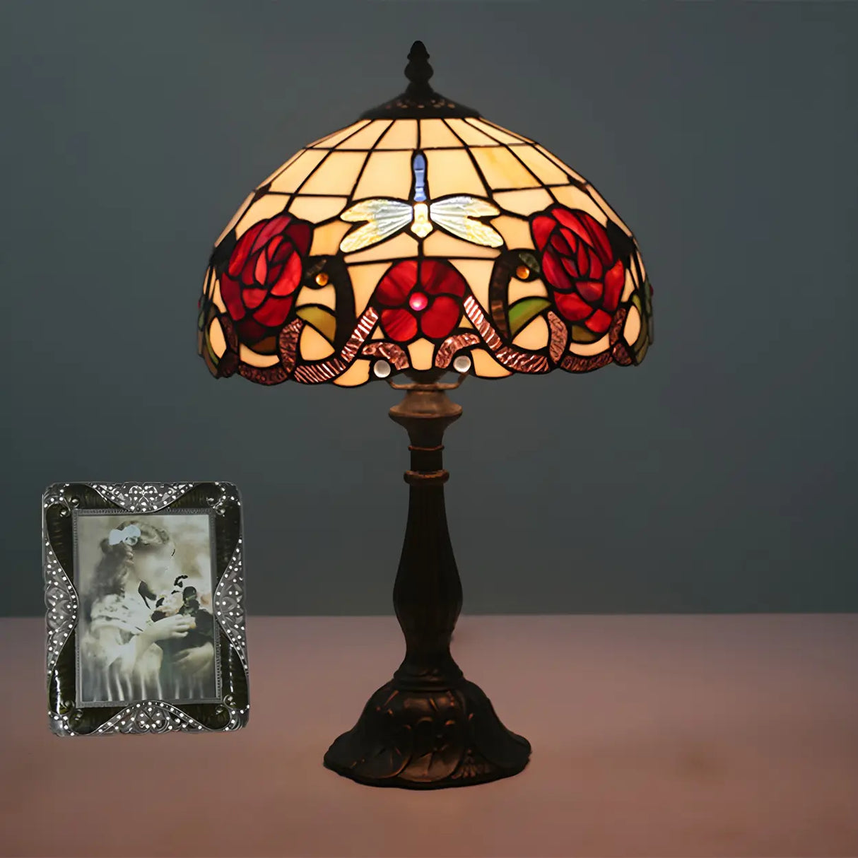 Fashion Tiffany Glass Shade Dragonfly Decor Table Lamp Image - 2