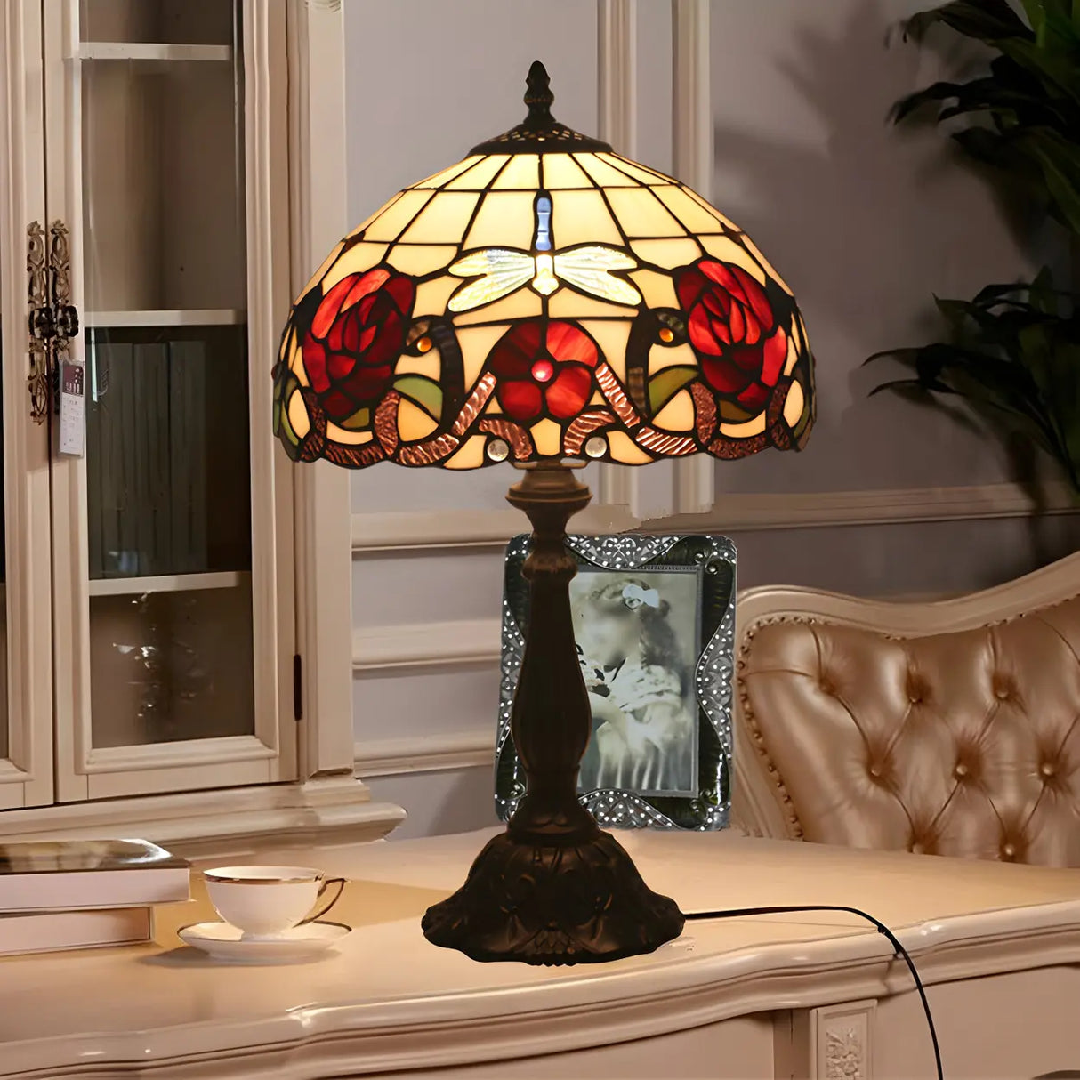 Fashion Tiffany Glass Shade Dragonfly Decor Table Lamp Image - 4