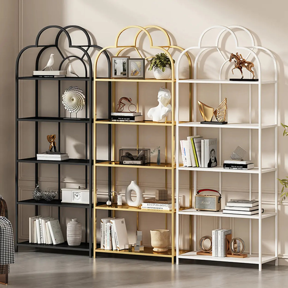Fashionable Arched Iron Open Etagere Display Bookcase Image - 1