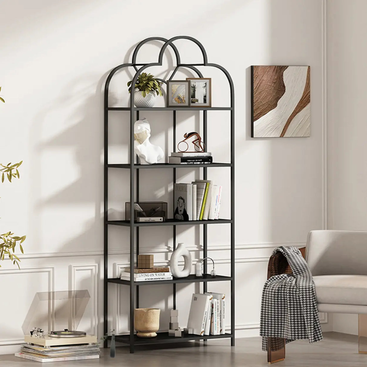 Fashionable Arched Iron Open Etagere Display Bookcase Image - 7