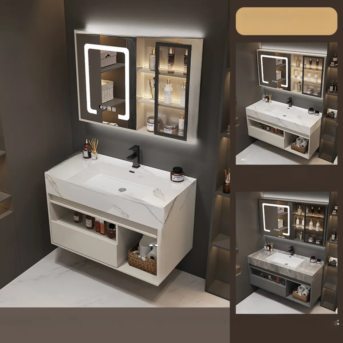 Faucets and Sink Sintered Stone Bathroom Vanity with Mirror Image - 17