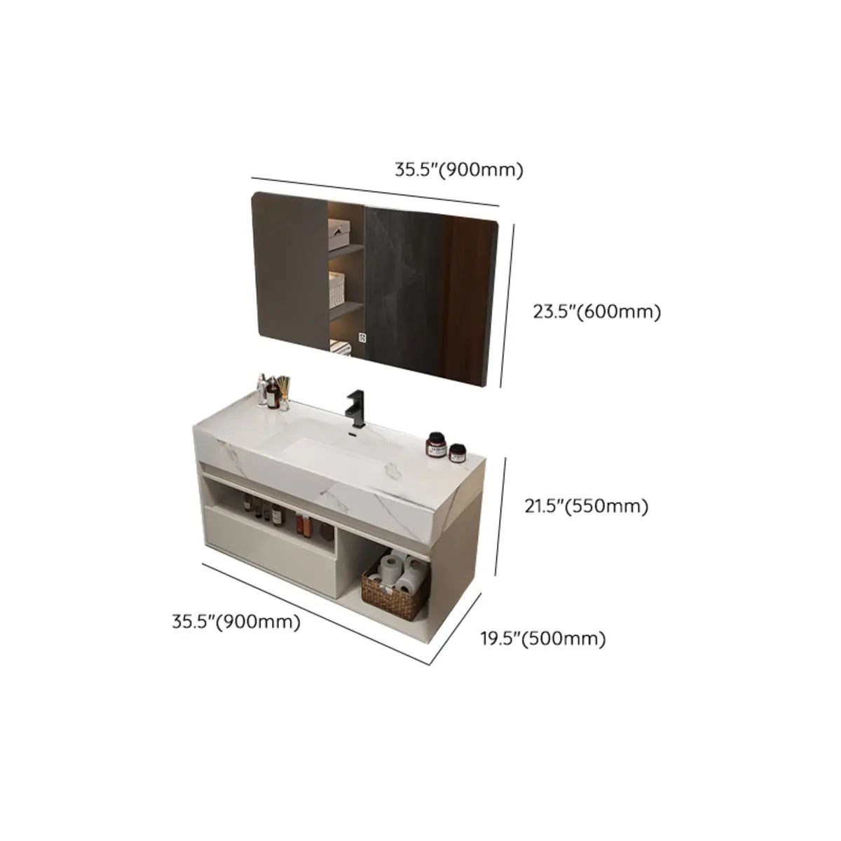 Faucets and Sink Sintered Stone Bathroom Vanity with Mirror Image - 22