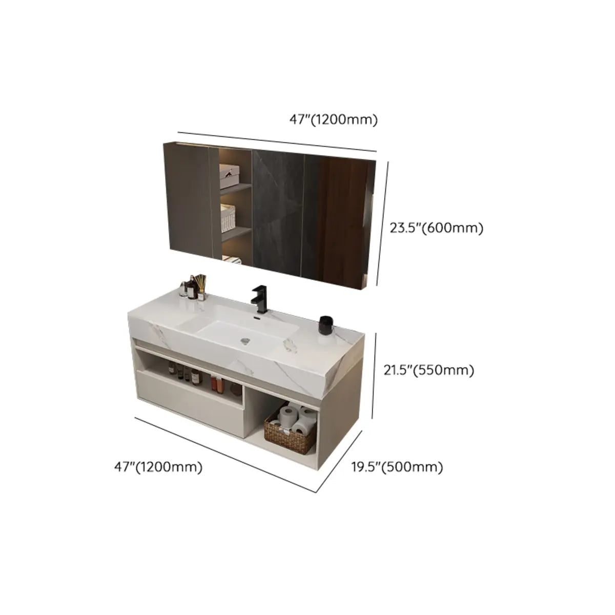 Faucets and Sink Sintered Stone Bathroom Vanity with Mirror Image - 31