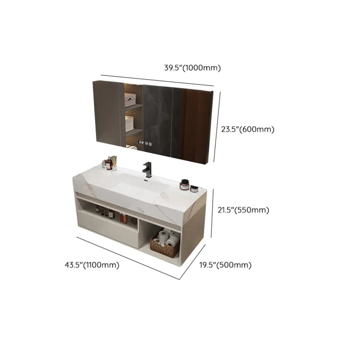 Faucets and Sink Sintered Stone Bathroom Vanity with Mirror Image - 36