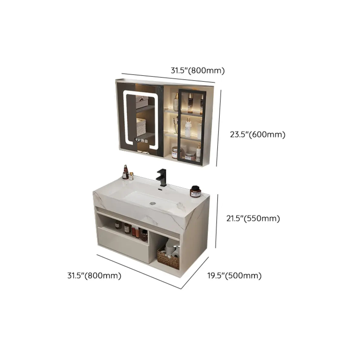 Faucets and Sink Sintered Stone Bathroom Vanity with Mirror Image - 39