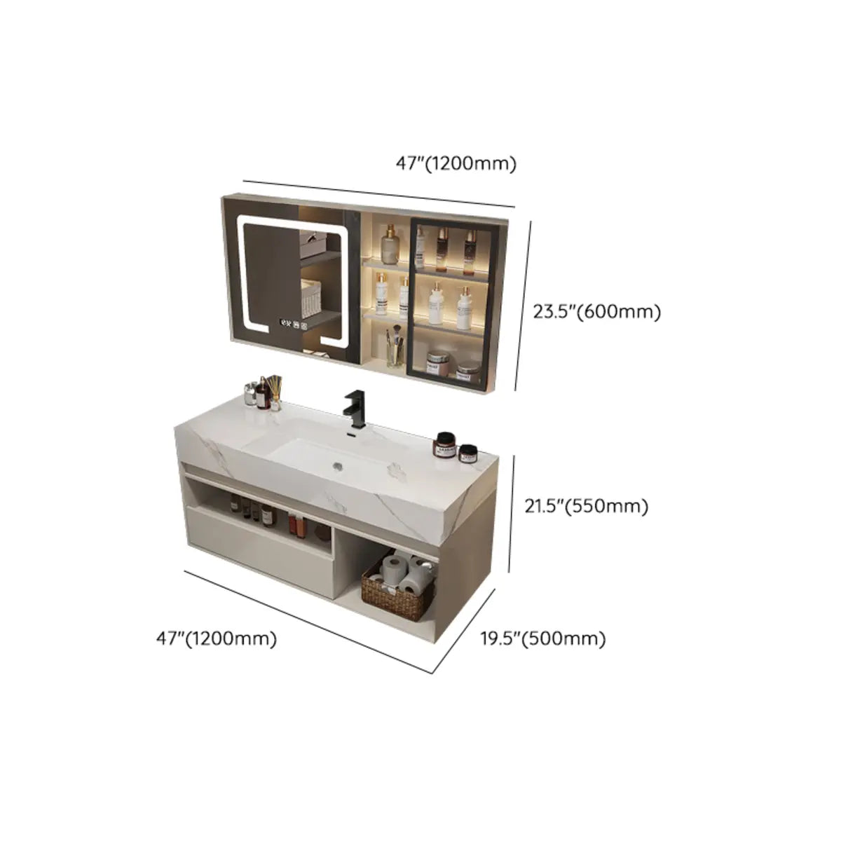 Faucets and Sink Sintered Stone Bathroom Vanity with Mirror Image - 43