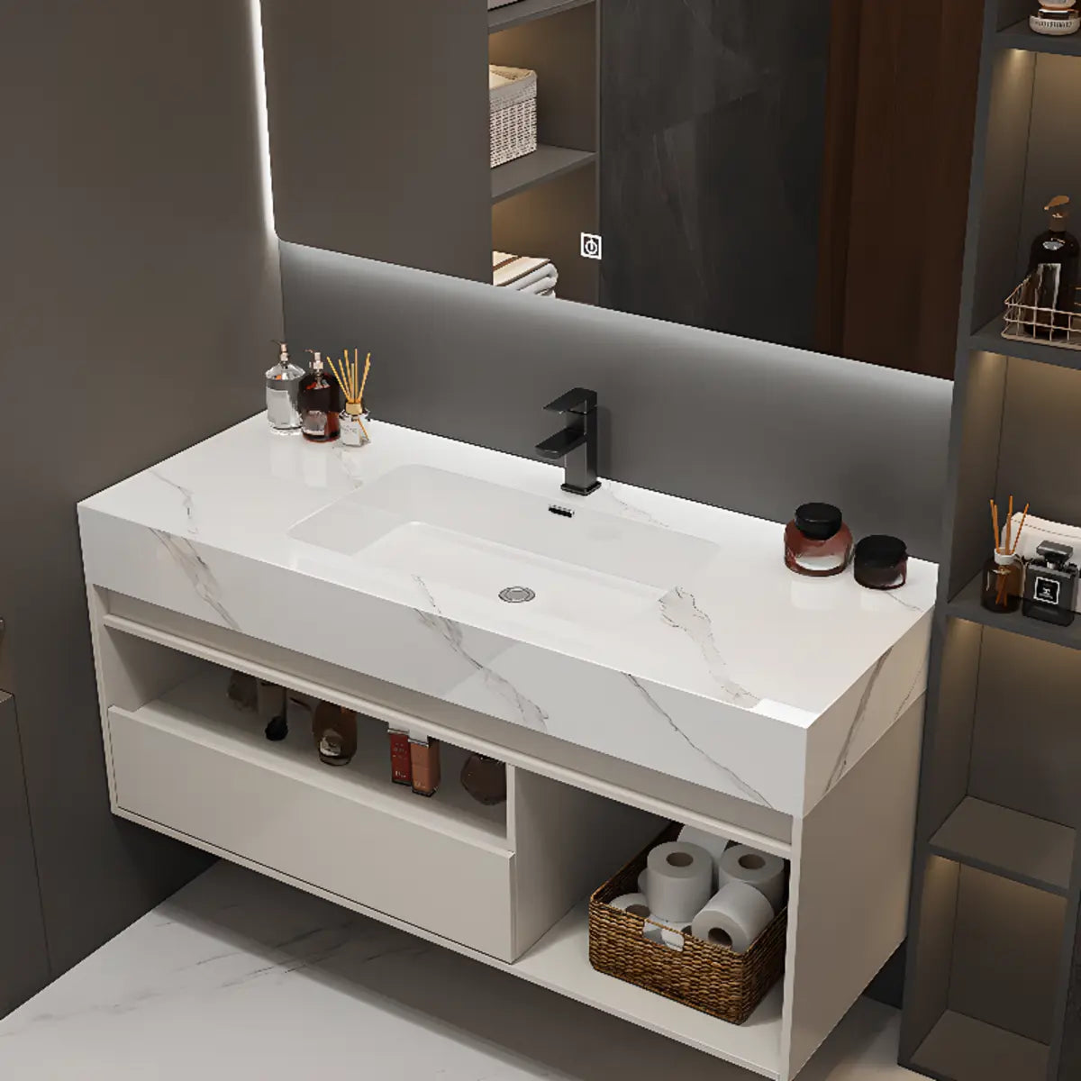 Faucets and Sink Sintered Stone Bathroom Vanity with Mirror Image - 6