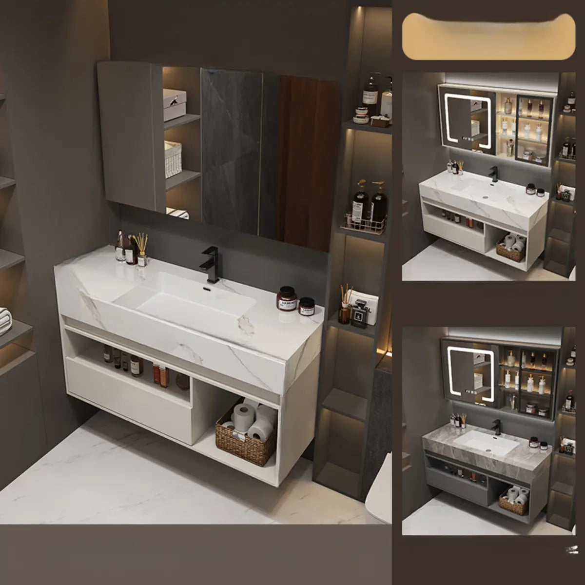 Faucets and Sink Sintered Stone Bathroom Vanity with Mirror Image - 9