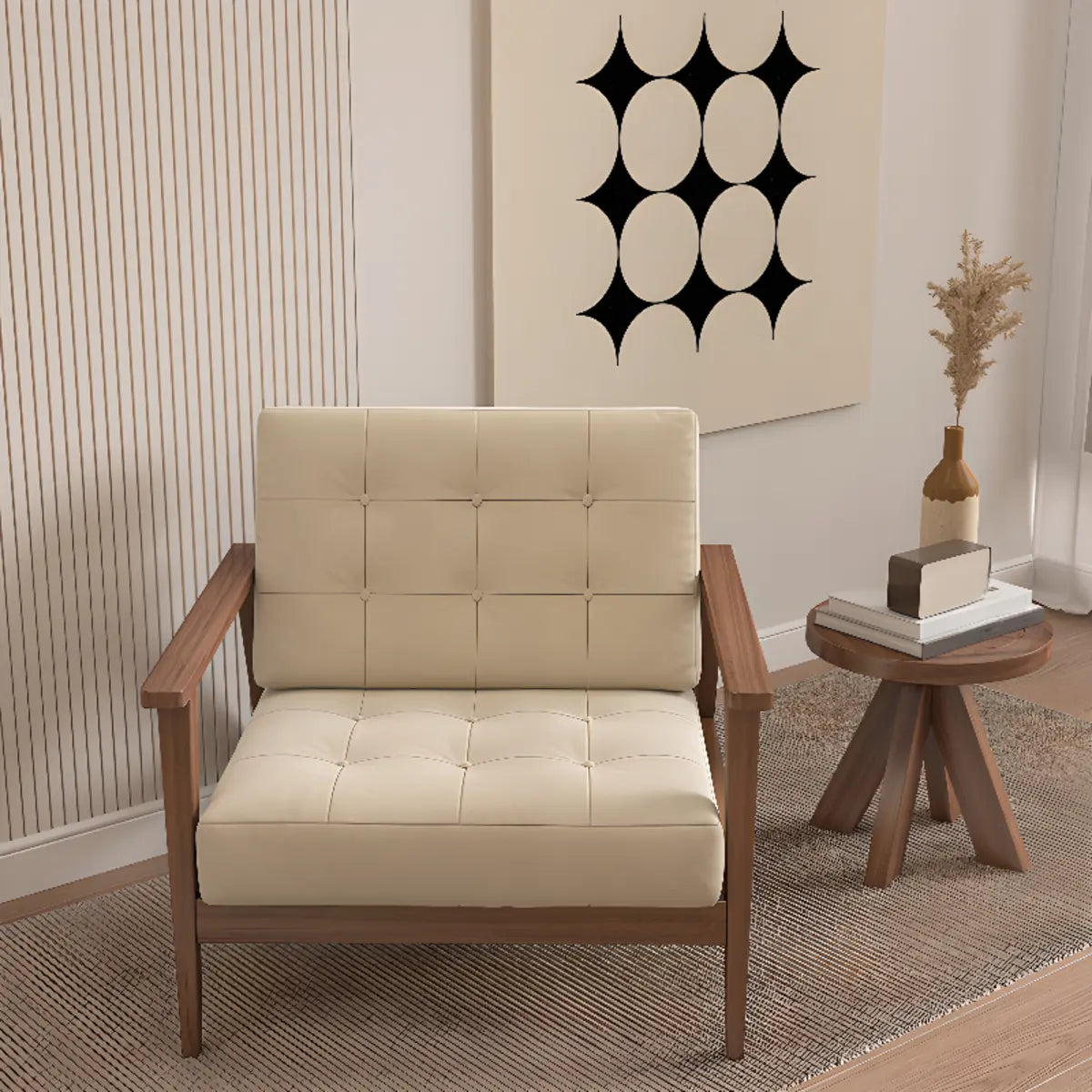 Faux Cotton Linen Square Arm Tufted Back Lounge Chair Image - 1