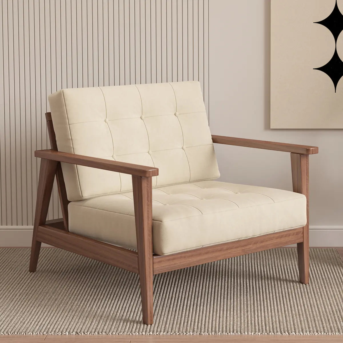 Faux Cotton Linen Square Arm Tufted Back Lounge Chair Image - 2