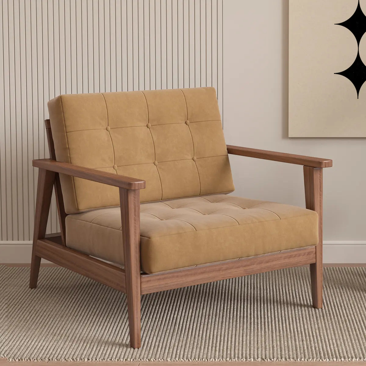 Faux Cotton Linen Square Arm Tufted Back Lounge Chair Image - 3