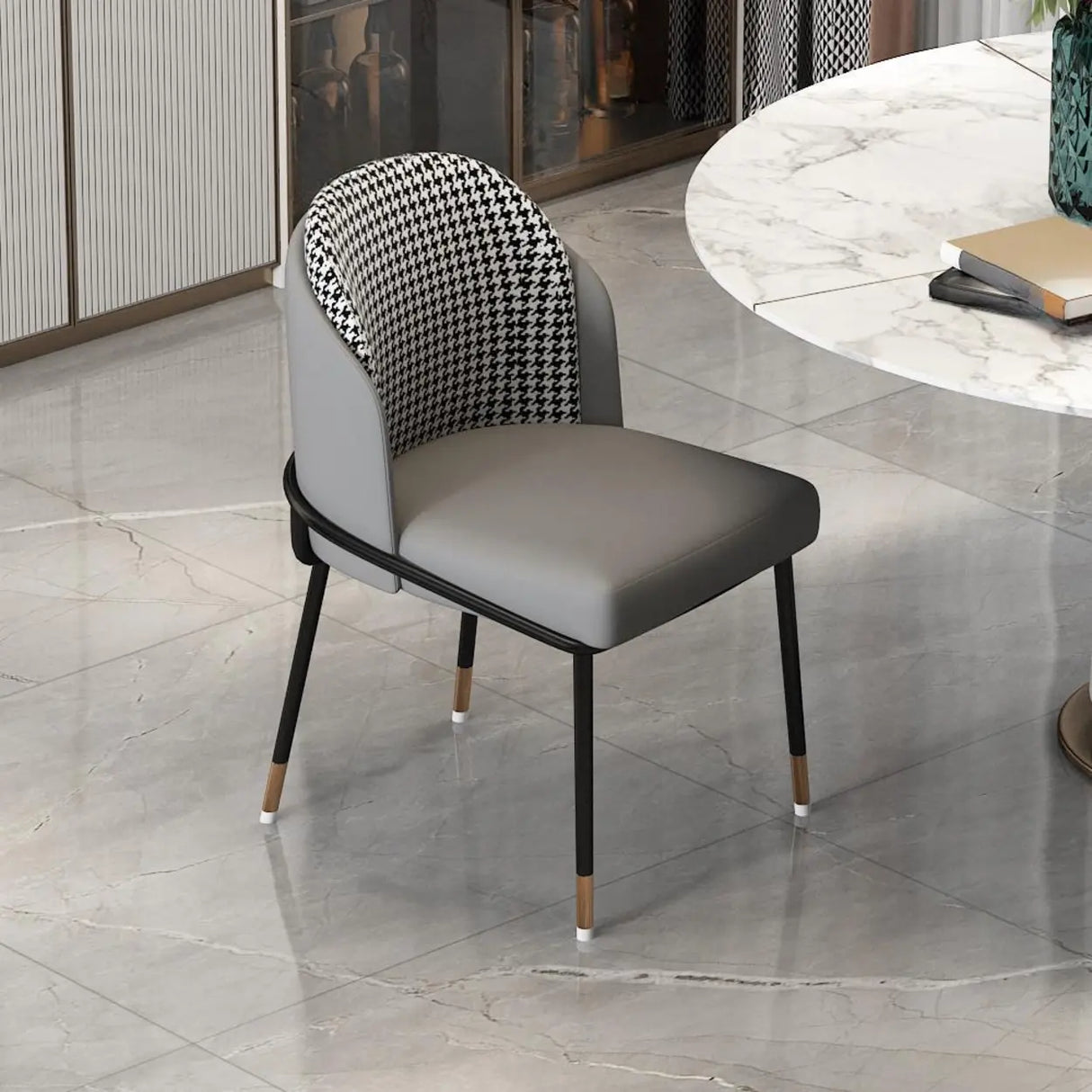 Faux Leather Houndstooth Upholstered Dining Chairs Image - 12