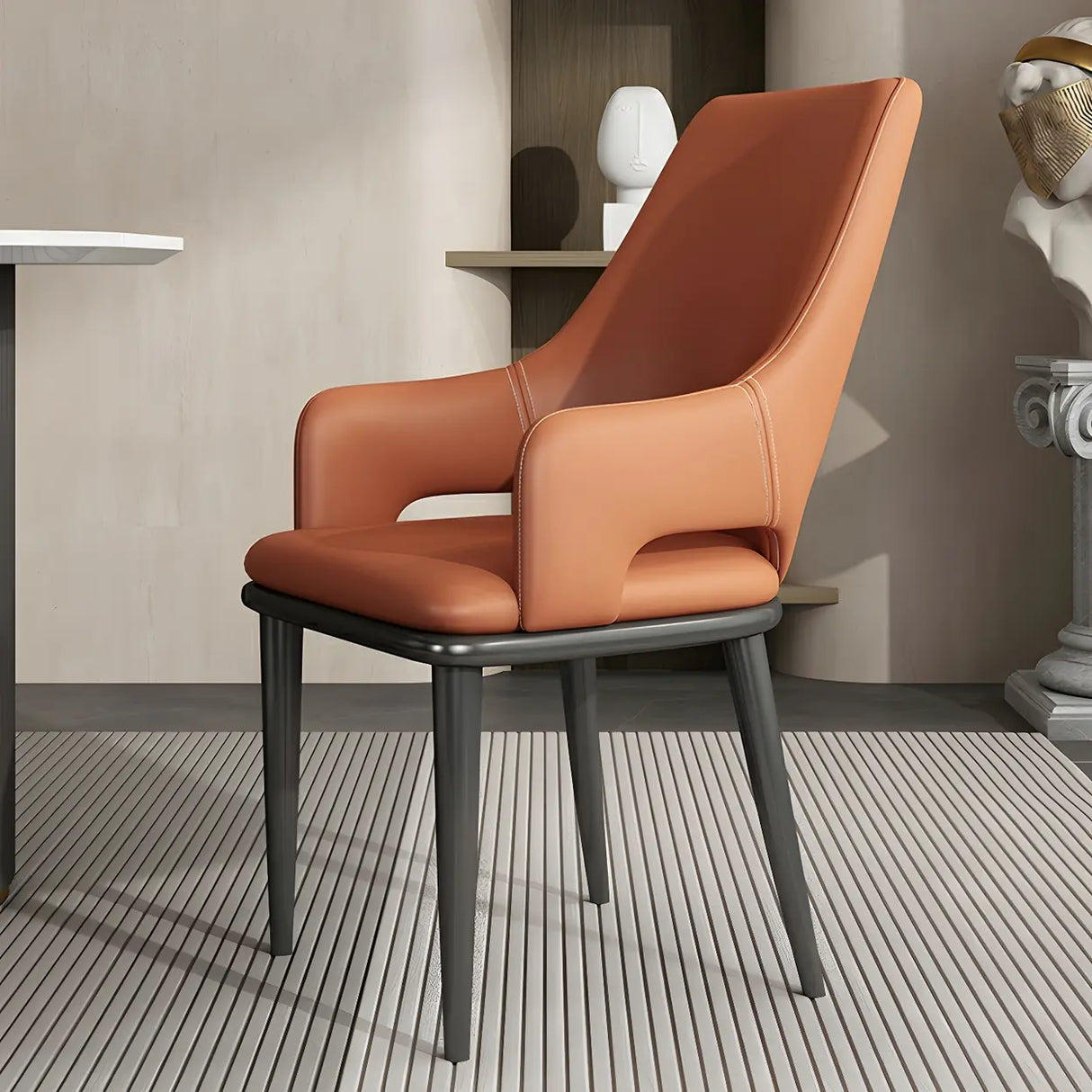 Faux Leather Solid Back Metal Dining Armrest Chair Image - 1