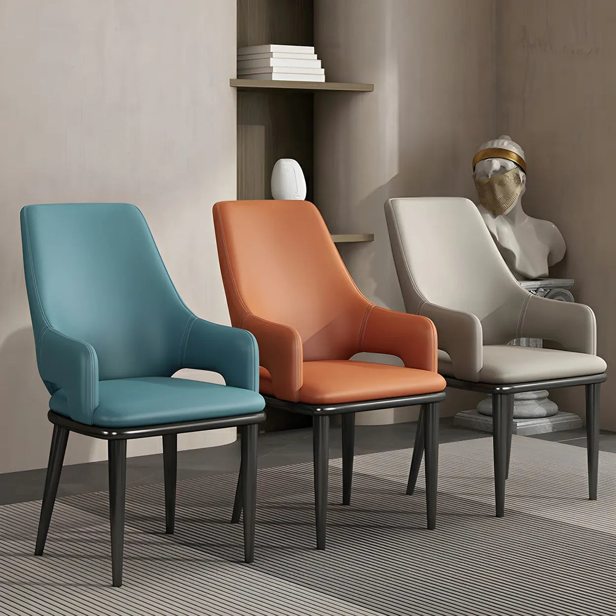 Faux Leather Solid Back Metal Dining Armrest Chair Image - 14