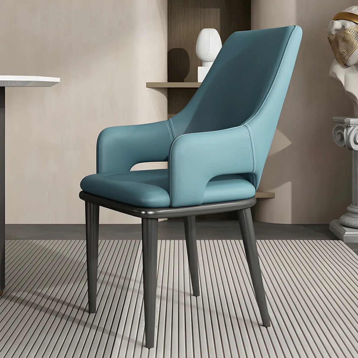 Faux Leather Solid Back Metal Dining Armrest Chair Image - 2