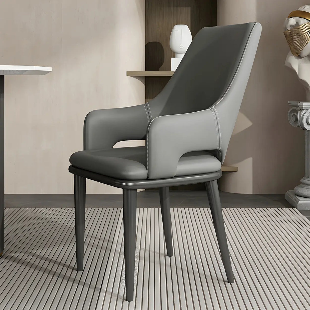 Faux Leather Solid Back Metal Dining Armrest Chair Image - 4