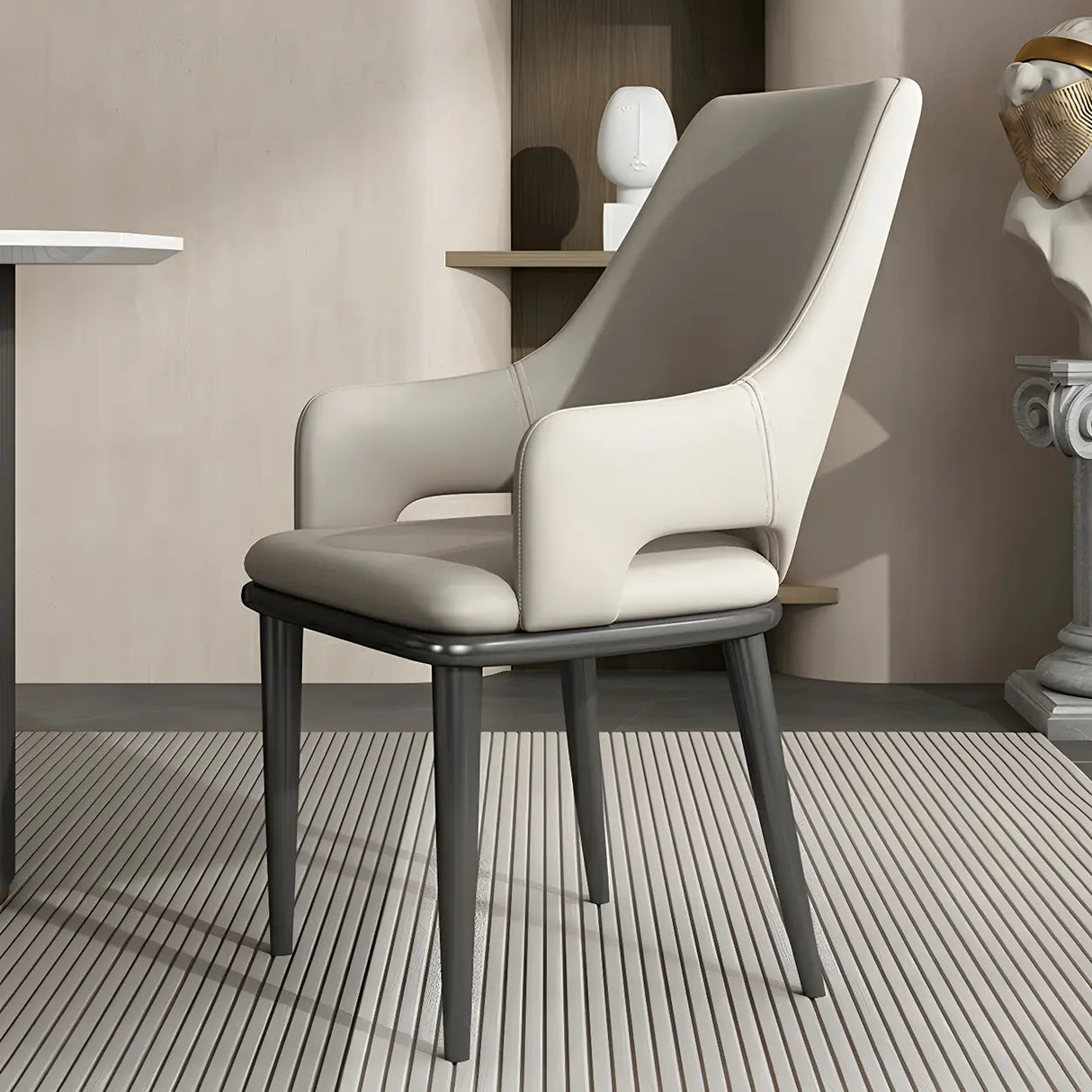 Faux Leather Solid Back Metal Dining Armrest Chair Image - 5