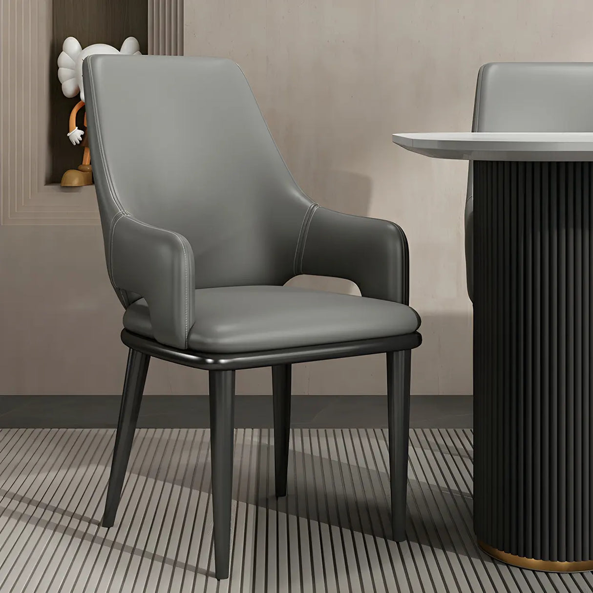 Faux Leather Solid Back Metal Dining Armrest Chair Image - 7