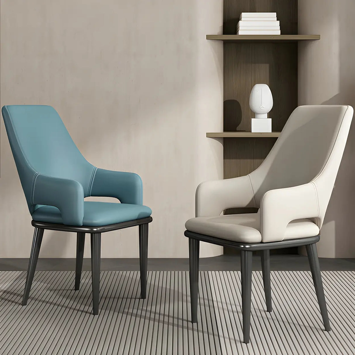 Faux Leather Solid Back Metal Dining Armrest Chair Image - 8