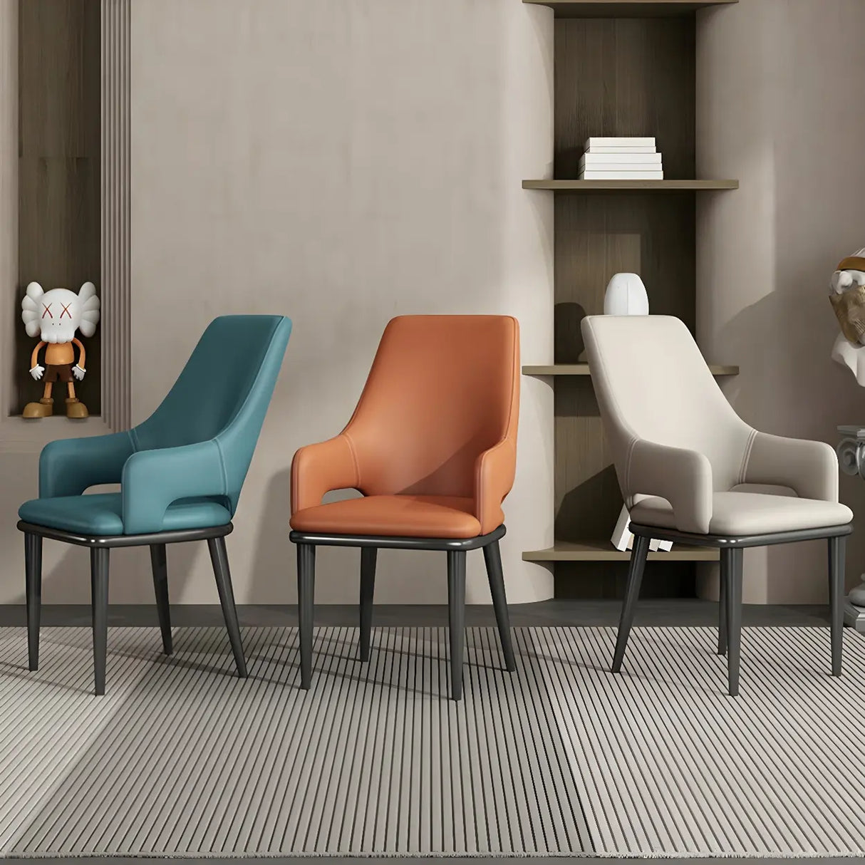 Faux Leather Solid Back Metal Dining Armrest Chair Image - 13