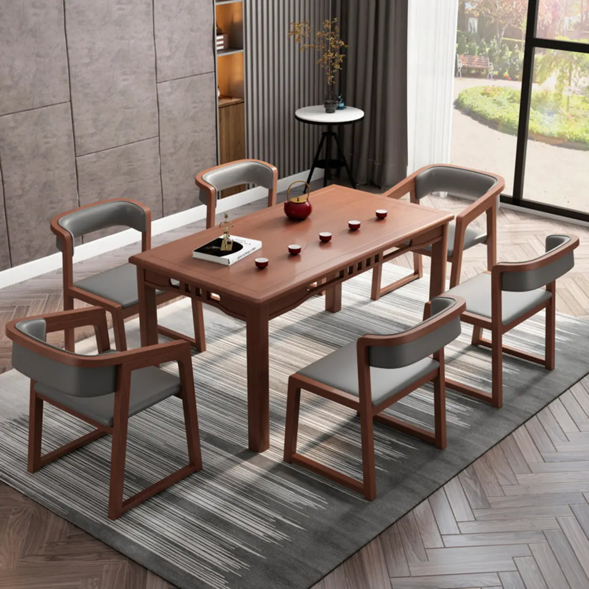 Faux Leather Upholstered Sled Leg Wood Arm Dining Chair Image - 4