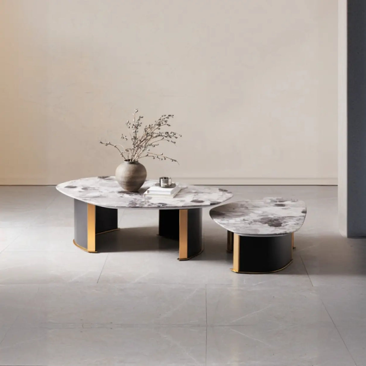 Faux Marble Free Form Steel Base Nesting Coffee Table Image - 1