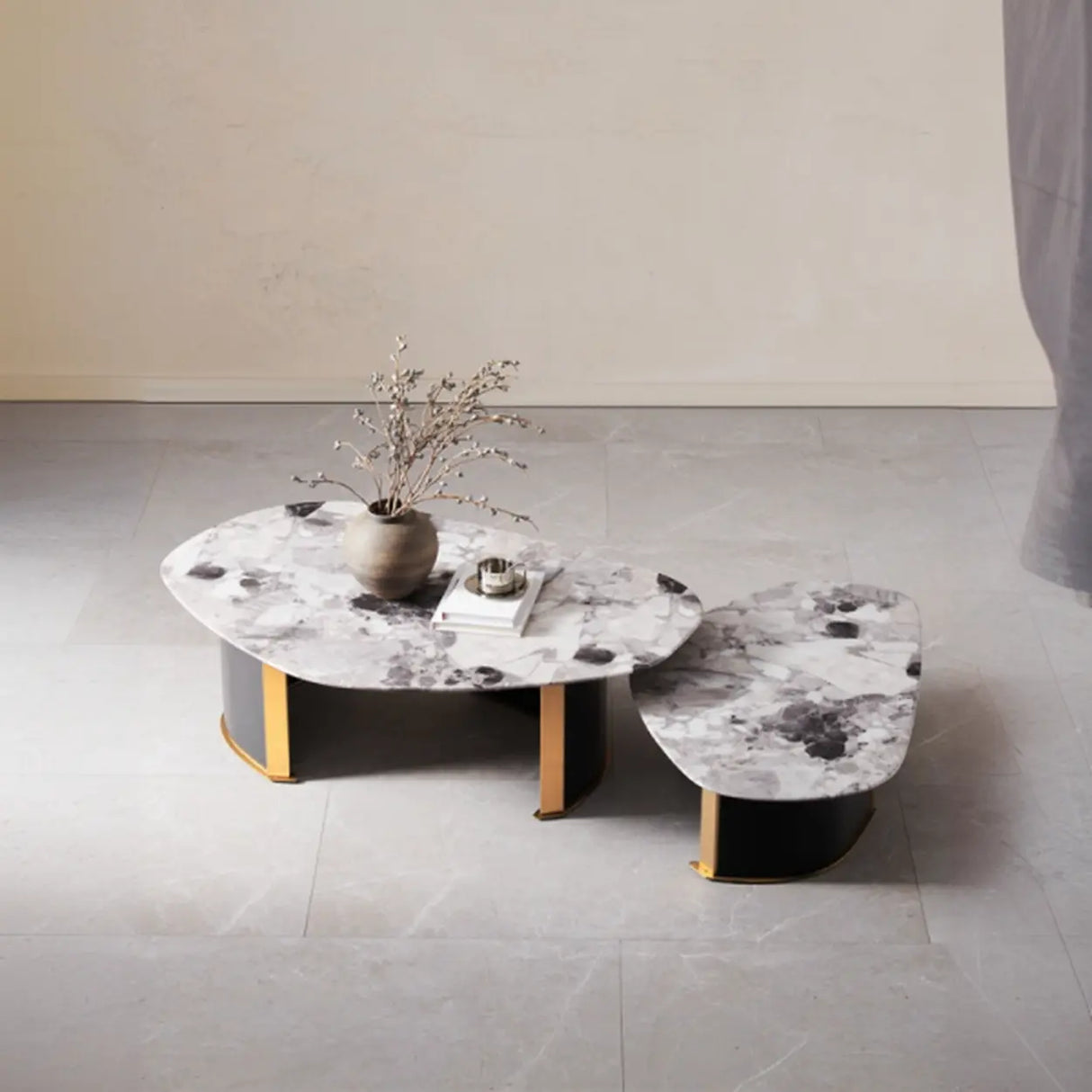 Faux Marble Free Form Steel Base Nesting Coffee Table Image - 3