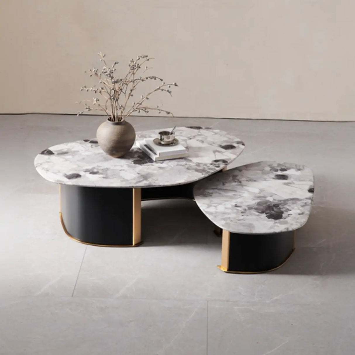 Faux Marble Free Form Steel Base Nesting Coffee Table Image - 4