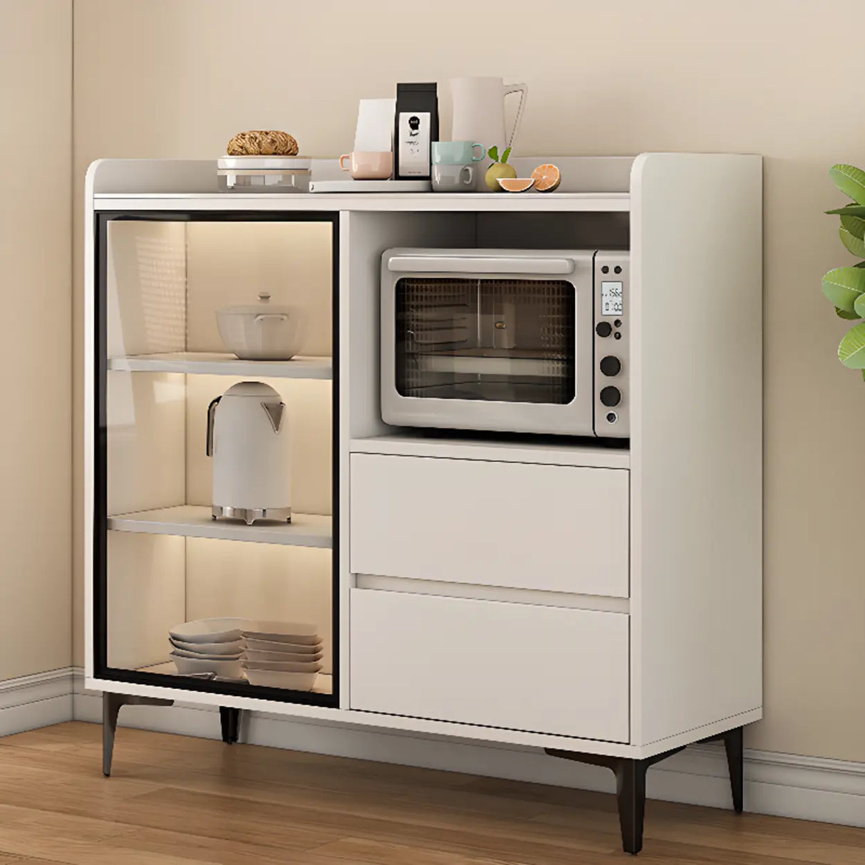 Faux Stone Top White Slab Open Storage Buffet with Drawers Image - 1