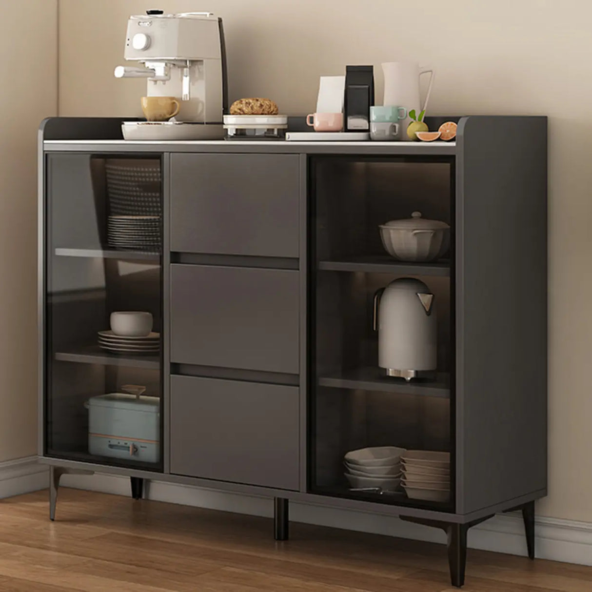 Faux Stone Top White Slab Open Storage Buffet with Drawers Image - 10