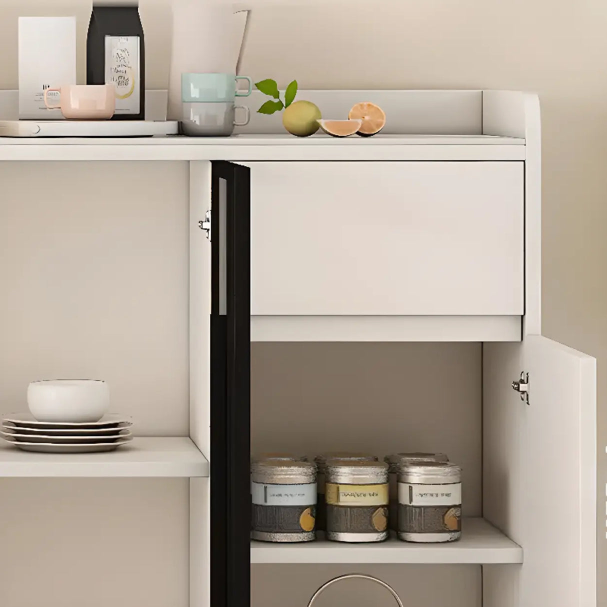 Faux Stone Top White Slab Open Storage Buffet with Drawers Image - 11