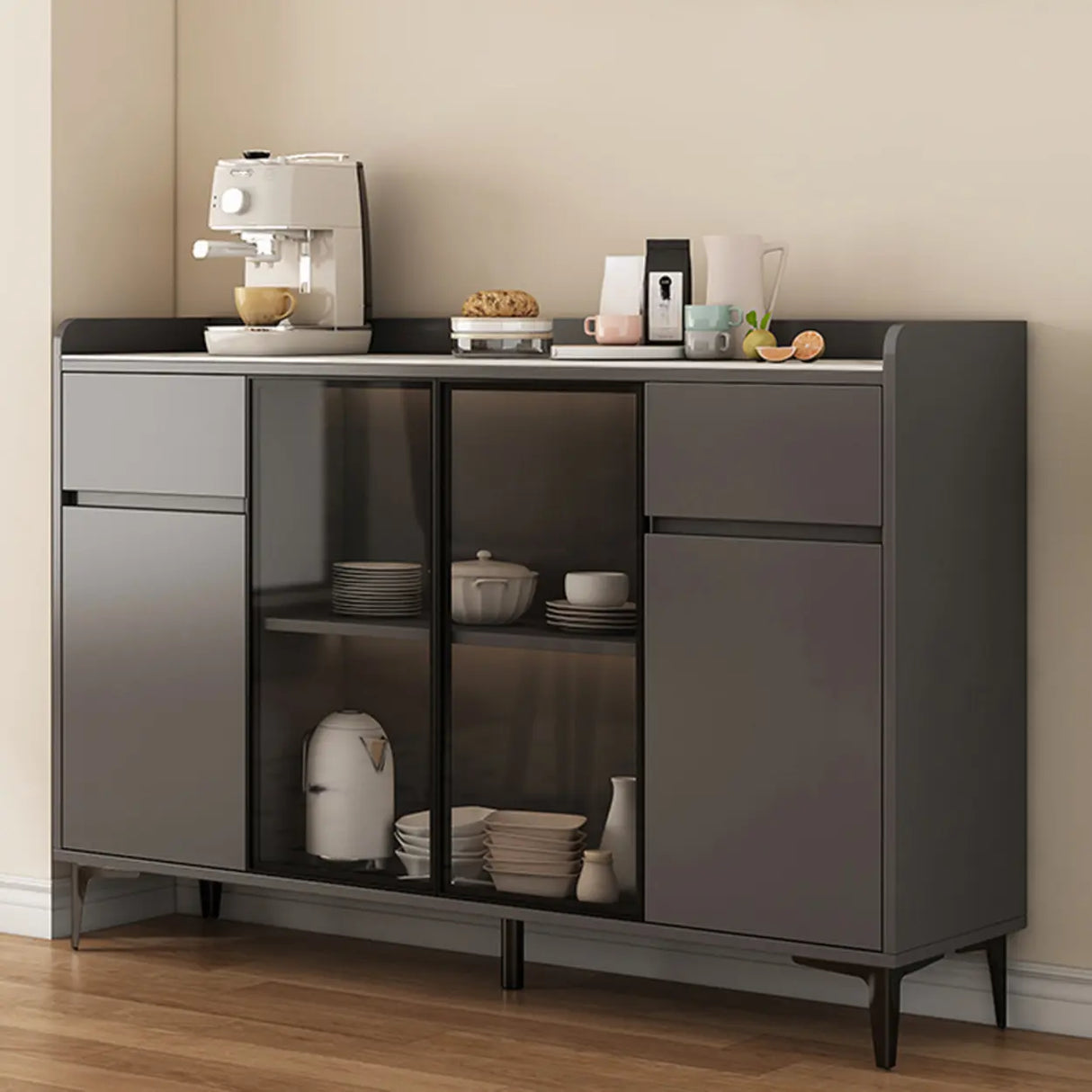 Faux Stone Top White Slab Open Storage Buffet with Drawers Image - 12