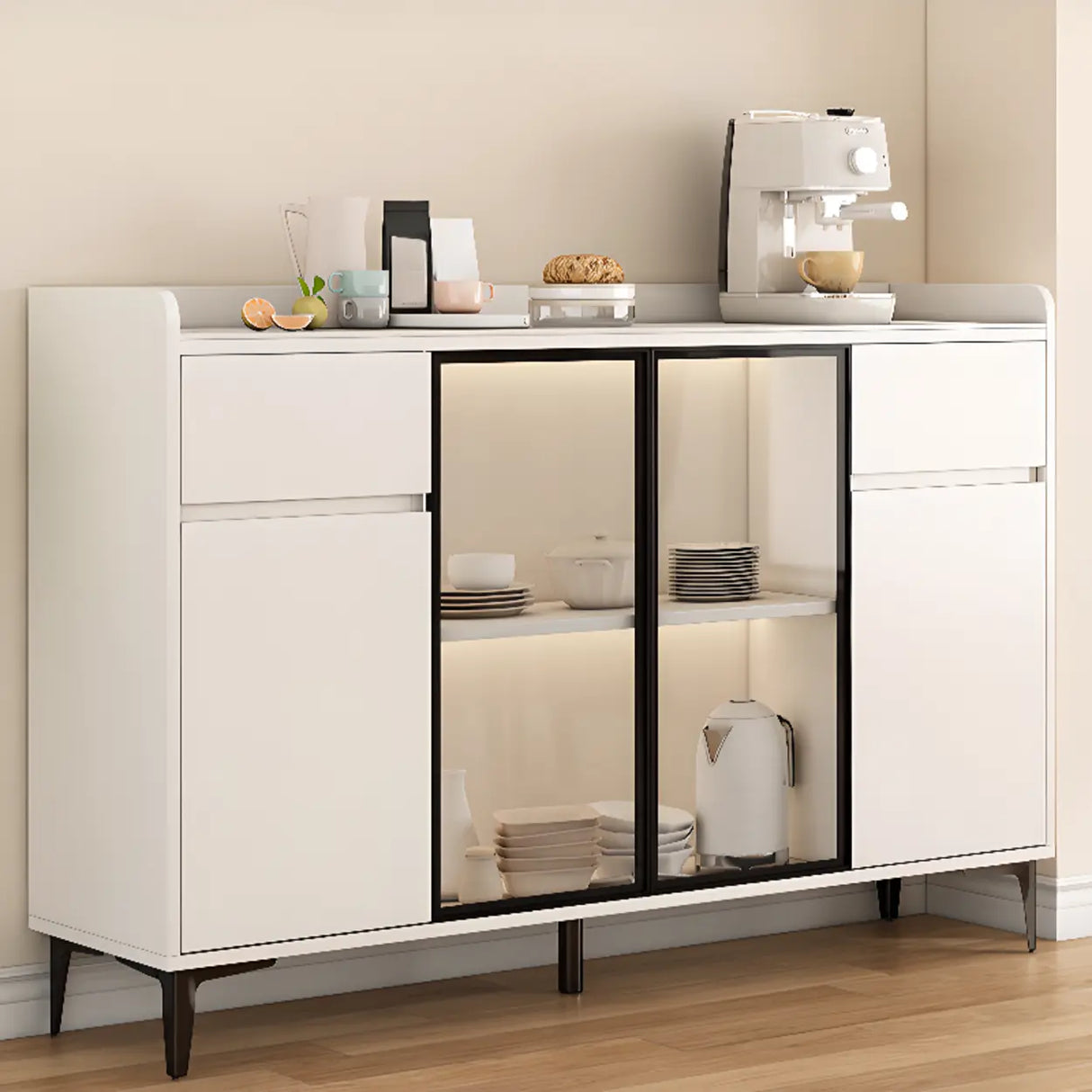 Faux Stone Top White Slab Open Storage Buffet with Drawers Image - 13