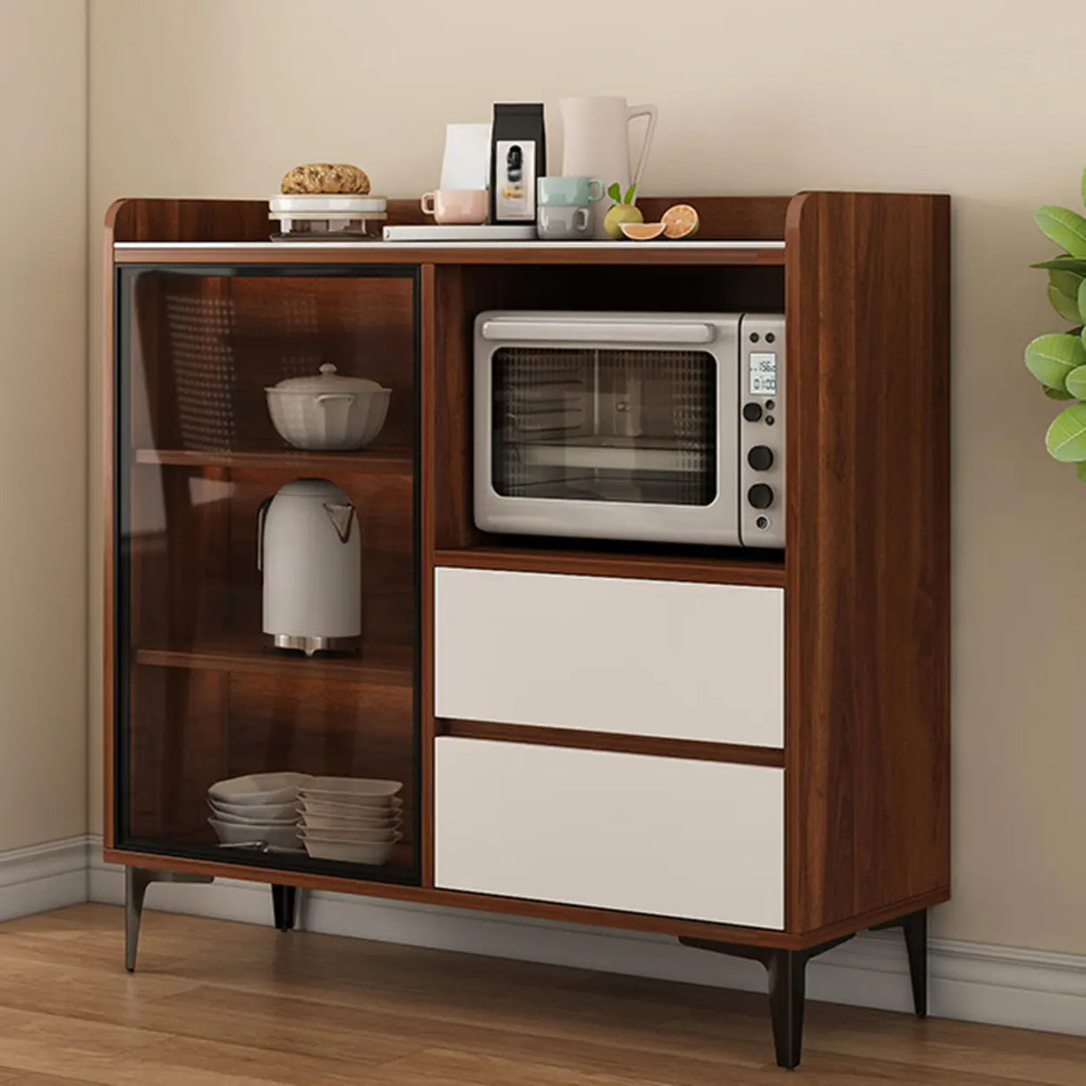 Faux Stone Top White Slab Open Storage Buffet with Drawers Image - 14