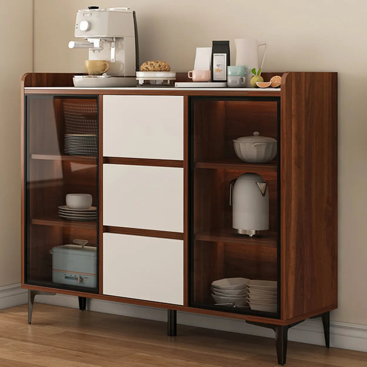 Faux Stone Top White Slab Open Storage Buffet with Drawers Image - 15