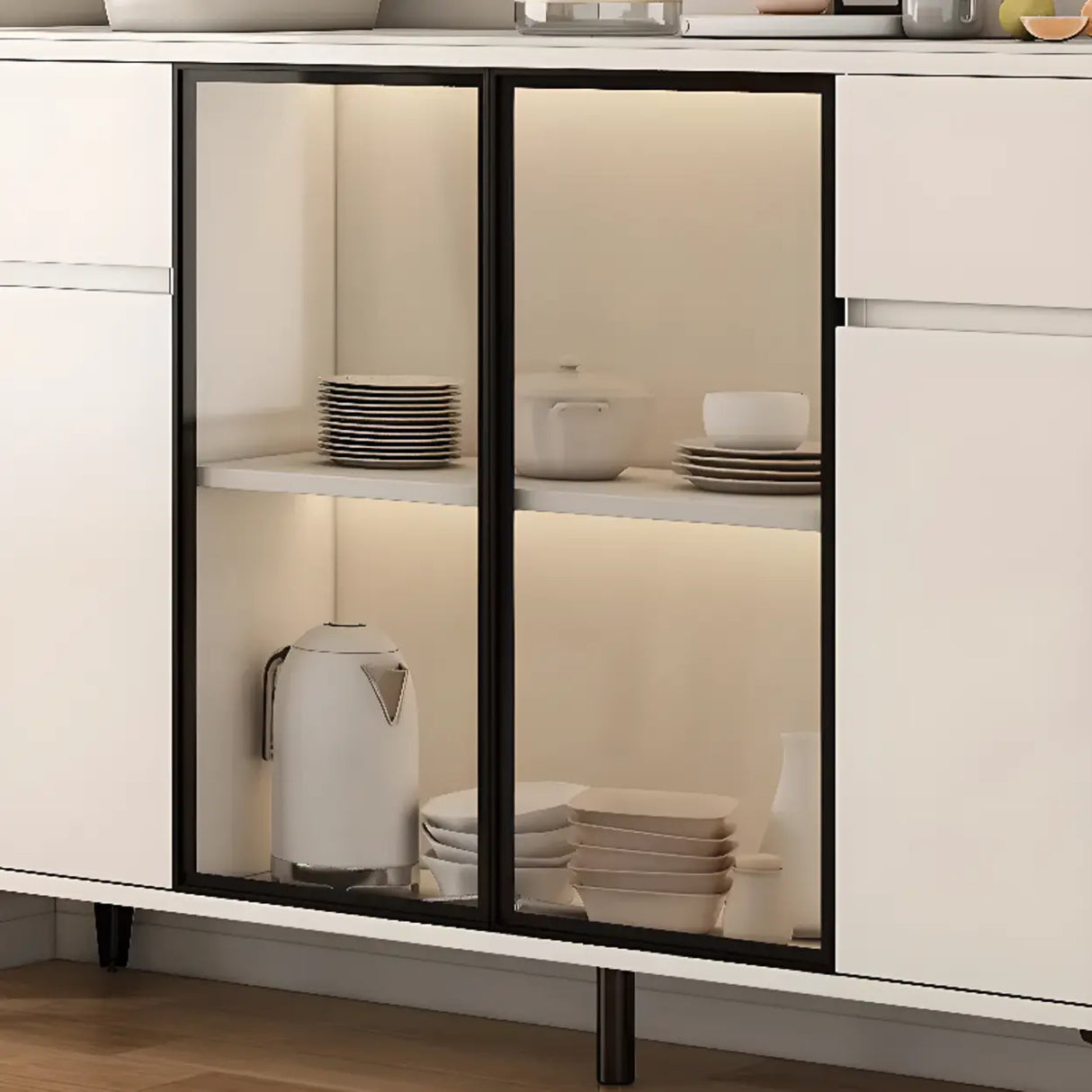 Faux Stone Top White Slab Open Storage Buffet with Drawers Image - 16