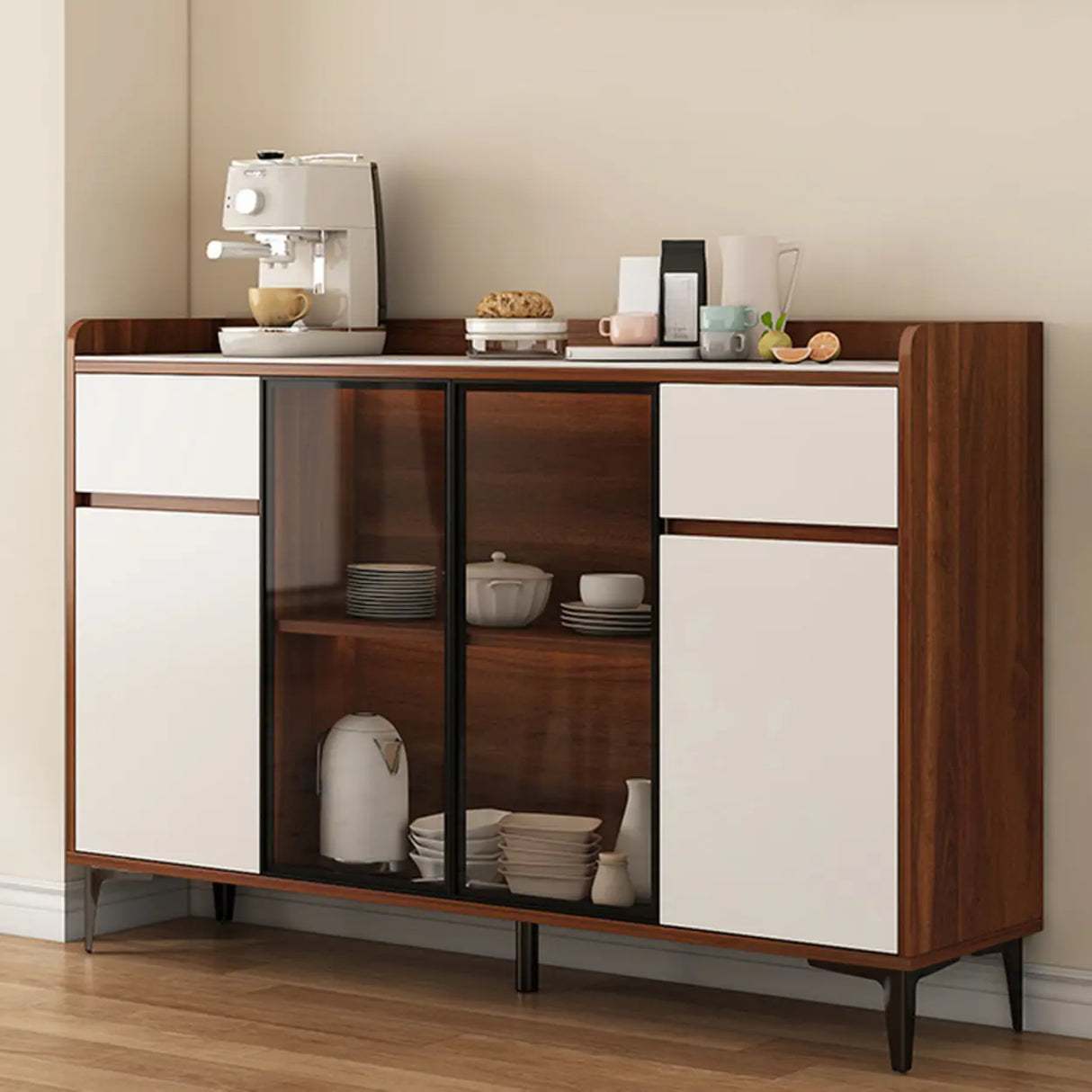 Faux Stone Top White Slab Open Storage Buffet with Drawers Image - 17