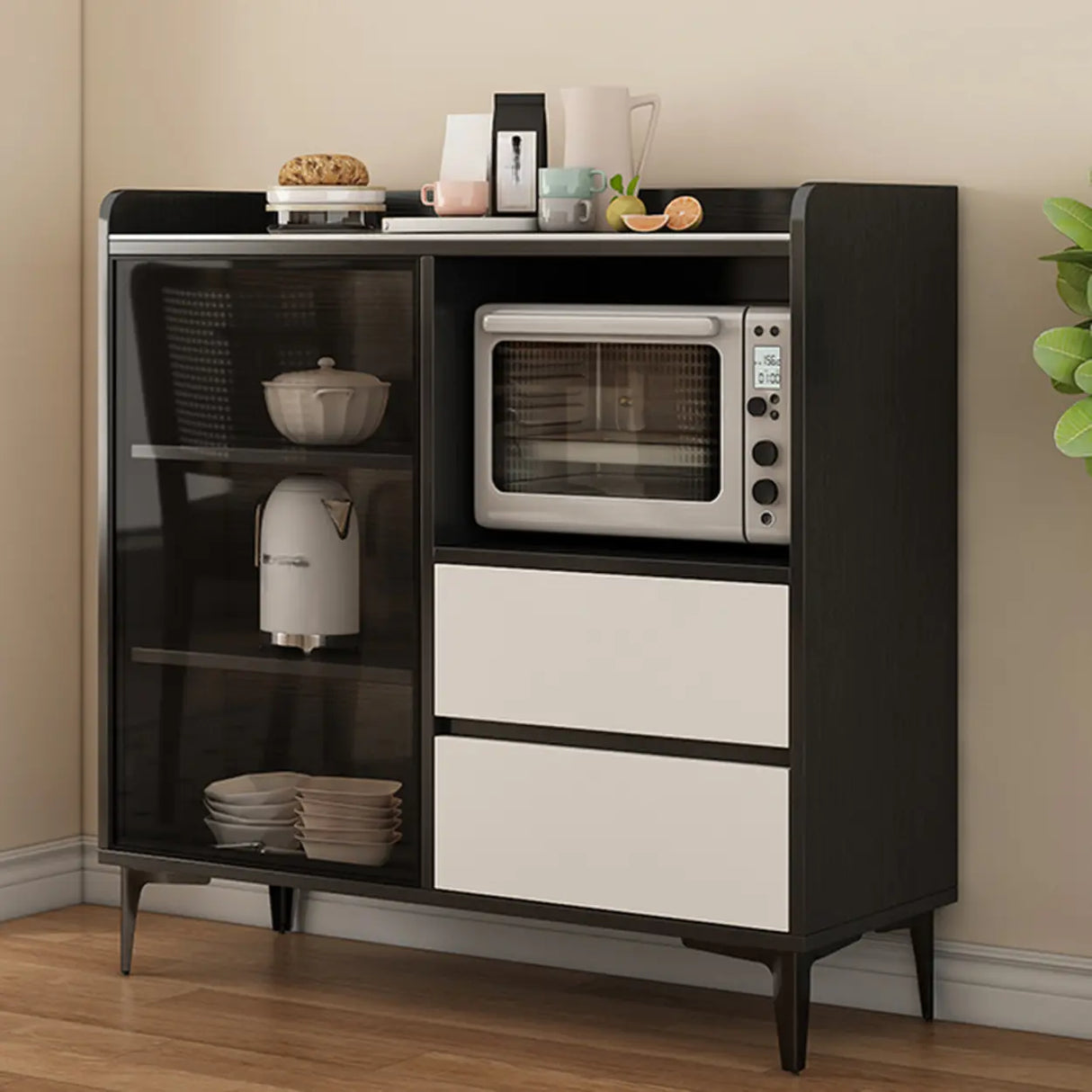 Faux Stone Top White Slab Open Storage Buffet with Drawers Image - 19